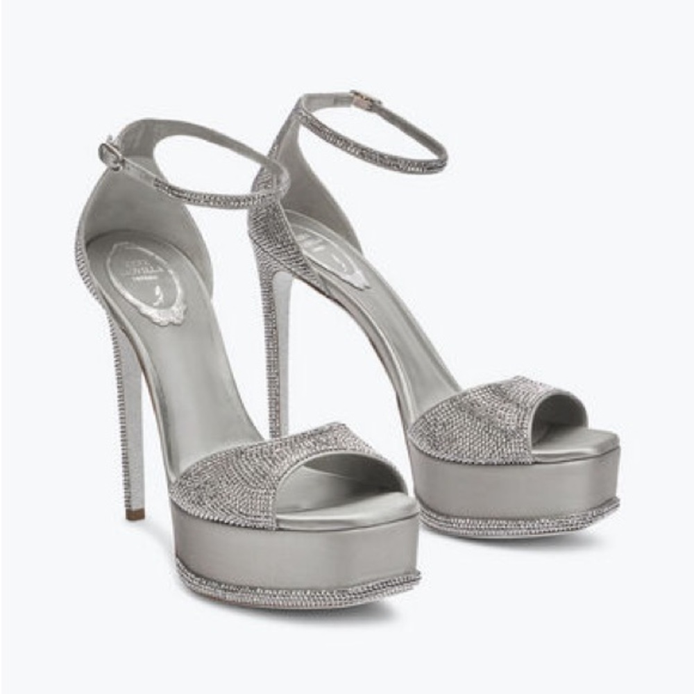 . RENE CAOVILLA PLATFORM PUMPS. STILETTOS. GREY. SPARKLE. CRYSTAL OPEN TOE